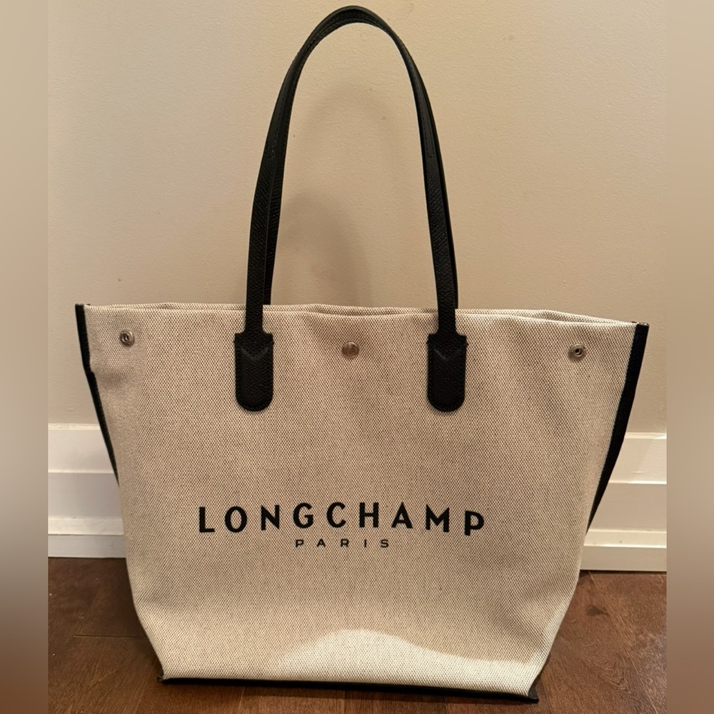 Longchamp Beige Canvas Tote with Black Trim